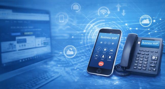Modern business VoIP number setup showing smartphone and IP desk phone connected to digital network, representing structured online business presence.