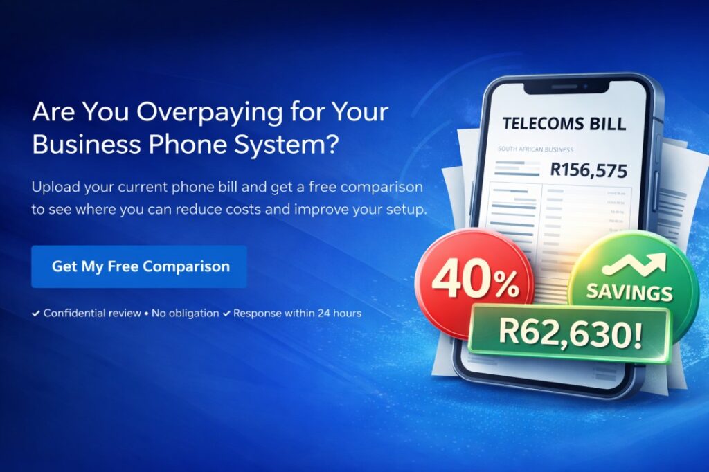 Business phone bill comparison showing R156,575 monthly telecom cost with potential savings of R62,630 for a South African company
