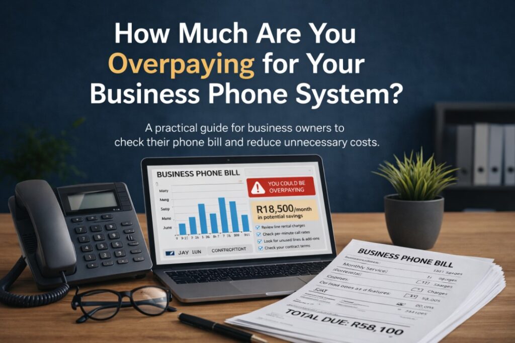 Business owner reviewing a phone bill over R50,000 on a laptop showing telecom costs and potential savings for a business VoIP system