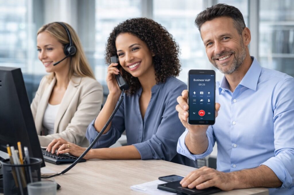 Business VoIP System in Action with Team Using Desk Phone, Headset, and Mobile App Team using a business VoIP system with one employee on a desk phone, another on a headset at a computer, and a third showing a mobile VoIP app