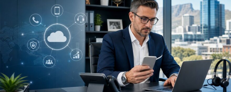 Financial adviser using a business phone system with mobile app and cloud calling in a professional office